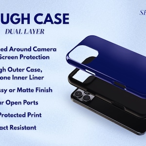 May include: A layered phone case with a navy blue top layer and a black base. The image highlights features like screen protection, a tough outer case, and a glossy or matte finish. Text on the image reads "TOUGH CASE" and "DUAL LAYER". The brand name "SERENITY CASES" is also visible.