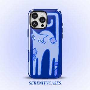 Blue Long Cat Phone Case, Cute Y2K Grunge, Whimsical Cool Indie Animal Gift iPhone Pro Max 17 16 15 14 13 12 Samsung Galaxy S26 S25 S24
