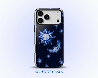 Sun Moon Star Phone Case Y2K Grunge Blue Celestial Universe Cool Girl Gift iPhone Pro Max 17 16 15 14 13, Samsung Galaxy S25, Google Pixel