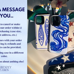 May include: A collection of phone cases with various designs, including fish, jellyfish, ladybugs, and stars. The cases are white, blue, and black. Text on the left side reads "SEND A MESSAGE IF YOU..." and provides customer service information.