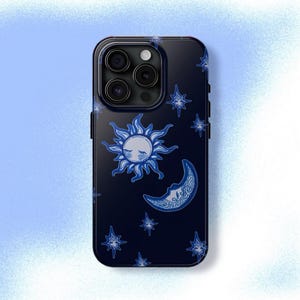 太陽、月、星、携帯電話ケース Y2K グランジ ブルー 天体 宇宙 クール ガール ギフト iPhone Pro Max 16 15 14 13 12 11、Samsung Galaxy S24 S23 S22 S21