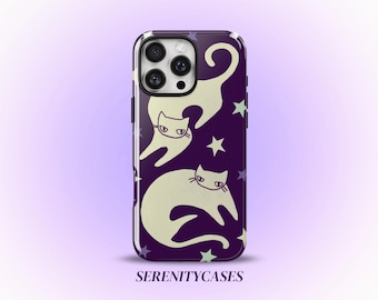 Celestial Star Cats Purple Phone Case Cute Y2K Grunge Whimsical Cool Girl Gift iPhone Pro Max 17 16 15 14 13 12 Samsung Galaxy S26 S25 S24