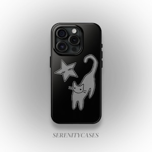 May include: Black phone case featuring a gray cat and star design. The cat is stylized with a curved tail and whiskers. The star has a closed-eye design. The text "SERENITYCASES" is at the bottom of the case.