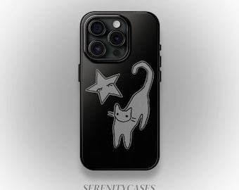 Cat and Star Phone Case Hand-Drawn Cute Halloween Grunge Gothic Whimsical Cool Girl iPhone Pro Max 17 16 15 14 13 12, Samsung Galaxy S26 S25
