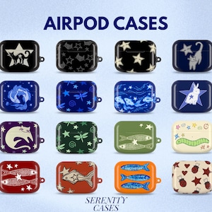 May include: A collection of sixteen rectangular Airpod cases arranged in a grid, each featuring unique graphic prints including stars, cats, rabbits, fish, dragonflies, and hearts in various colors like black, blue, green, red, orange, and cream.