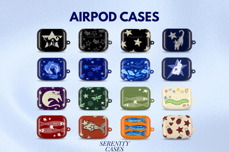 May include: A collection of sixteen rectangular Airpod cases arranged in a grid, each featuring unique graphic prints including stars, cats, rabbits, fish, dragonflies, and hearts in various colors like black, blue, green, red, orange, and cream.