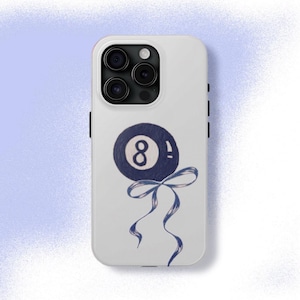 ネイビーブルー 8ボール リボン付き 携帯ケース ラッキーコケット かわいい クールガール iPhone Pro Max 16 15 14 13 12 11、Samsung Galaxy S24 S23 S22 S21