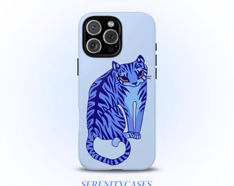 May include: A light blue phone case featuring a blue tiger illustration with orange eyes and dark blue stripes. The phone case has a glossy finish and the text "SERENITYCASES" is printed at the bottom.