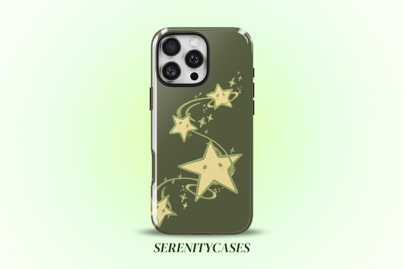 May include: An olive green smartphone case featuring a graphic of pale yellow stars with small facial features. The stars are arranged in a swirling pattern with thin, curved lines connecting them. The text SERENITYCASES is printed at the bottom.