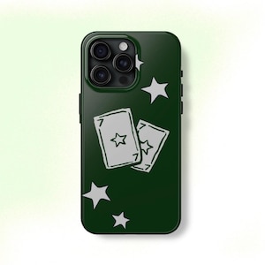 ラッキーカード ダークグリーン スマホケース Y2K スター 天体 手描き グランジ クールガール iPhone Pro Max 16 15 14 13 Samsung Galaxy S24 S23 S22 S21