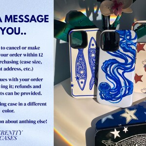 May include: Five smartphone cases with various designs including blue fish, a blue jellyfish, red ladybugs with hearts, blue stars, and a black fish with white stars. The image includes text: SEND A MESSAGE IF YOU.. and SERENITY CASES.