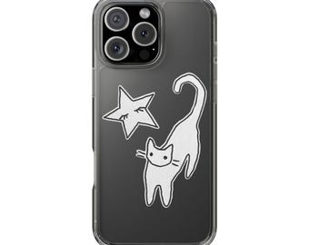 Funda transparente para teléfono con diseño de gato blanco y estrella, dibujada a mano, estilo grunge gótico, para Halloween, compatible con iPhone Pro Max 16, 15, 14, 13 y 12, y Samsung Galaxy S21.