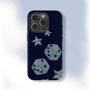 ブルーハートのサイコロと星の携帯ケース かわいいヴィンテージ クールスター ガーリー iPhone Pro Max 16 15 14 13 12 11、Samsung Galaxy S24 S23 S22 S21