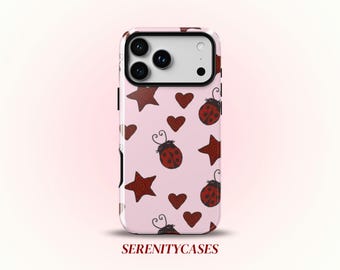 Red Ladybug Stars Hearts Phone Case, Cute Y2K Bug Pattern, Whimsy Cool Girl Gift iPhone Pro Max 17 16 15 14 13 12 Samsung Galaxy S26 S25 S24