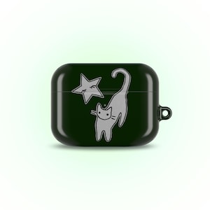 Green Cat and Star AirPod Case, Cute Y2K Grunge Gothic Art Cover, Adorable Accessories, Kawaii Gift, Protective AirPods Pro 1 2 3 4 Gen