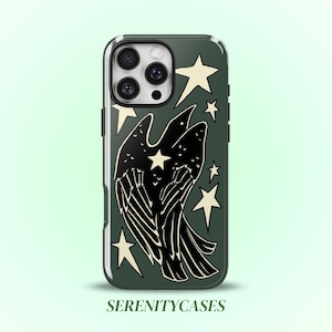 May include: A dark green phone case featuring a black bird with spread wings and a white star on its chest. The design includes several cream-coloured stars scattered across the background. The text SERENITYCASES is printed at the bottom.