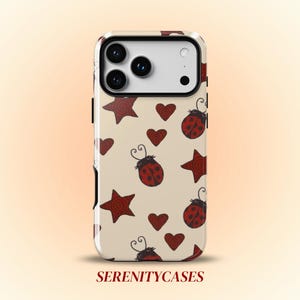 赤いてんとう虫と星とハートのスマホケース、かわいいY2Kアート、気まぐれな虫、ボヘミアン、クール、ガーリー、iPhone Pro Max 17 16 15 14 13 12 11、Samsung Galaxy S26 S25