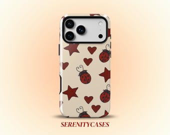 Red Ladybug Stars Hearts Phone Case, Cute Y2K Art, Whimsical Bug Boho Cool Girly iPhone Pro Max 17 16 15 14 13 12 11 Samsung Galaxy S26 S25