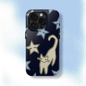 猫と星の携帯ケース Y2K かわいい天体グランジ動物手描きクールガール iPhone Pro Max 16 15 14 13 12、Samsung Galaxy S24 S23 S22 S21