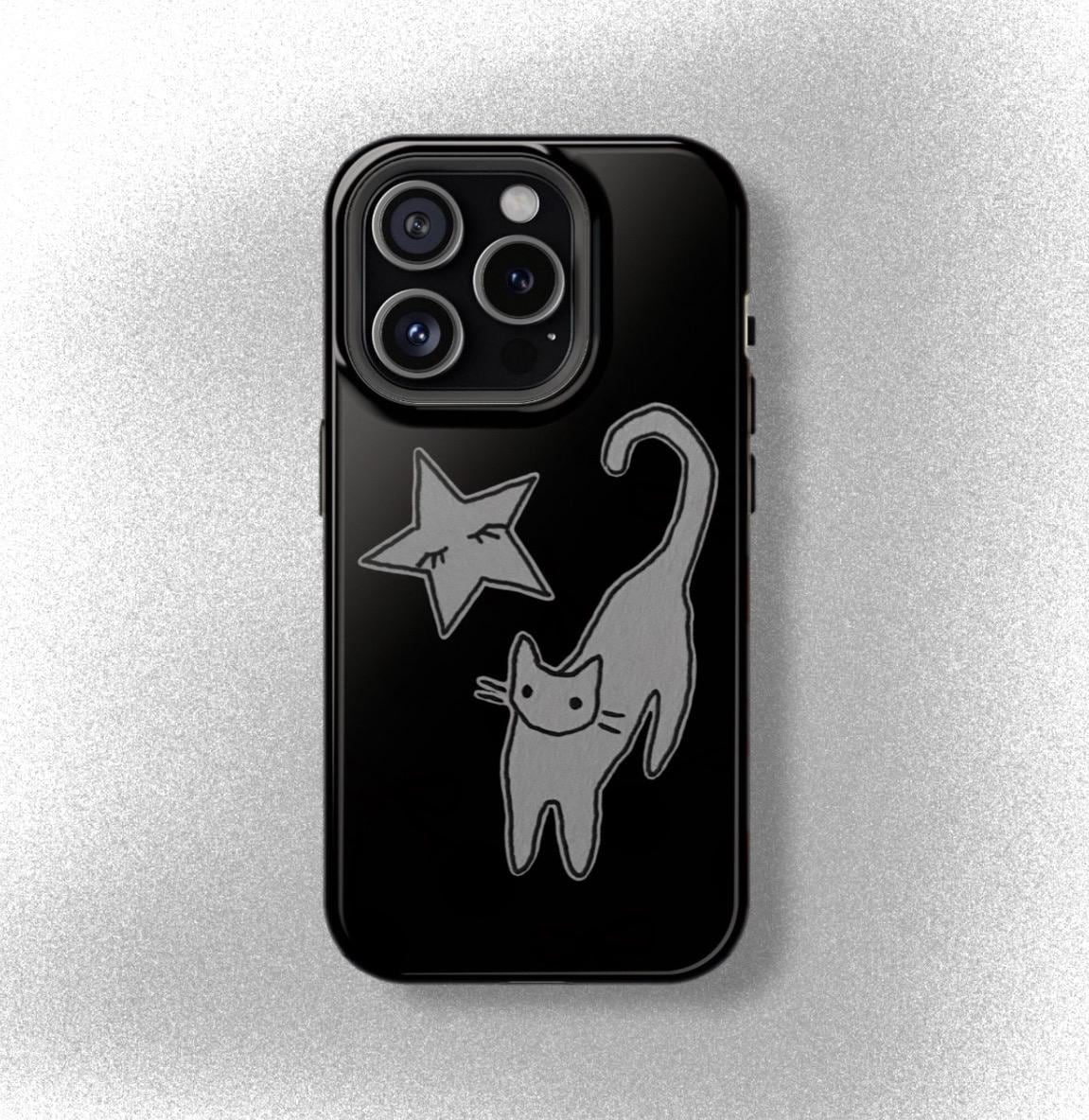 MagSafe Cat and Star Phone Case Y2K Cute Pretty Black and Grey Grunge Gothic Halloween Hand-Drawn Lucky Cool Girl iPhone Pro Max 16 15 14 13