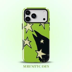 May include: A lime green smartphone case featuring a black silhouette of a howling wolf head and several cream-colored stars. The design includes a black camera cutout area and the text SERENITYCASES printed in green at the bottom center.