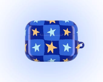 May include: A protective case for wireless earbuds featuring a blue checkered pattern with alternating light and dark blue squares. The surface is decorated with a repeating print of five-pointed stars in shades of yellow and light blue.