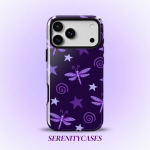 Lila trollslända stjärnor virvlar telefonskal Y2K söt himmelsk nyckfull cool present iPhone Pro Max 18 17 16 15 14 13 Samsung Galaxy S26 S25 S24