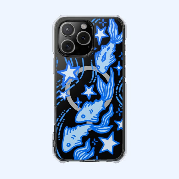 Clear MagSafe Celestial Blue Fish Phone Case Cute Stars Y2K Whimsical Coastal Sea Ocean Waves Cool Gift iPhone Pro Max Plus Air 17 16 15 14