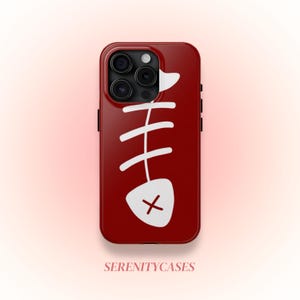 May include: A glossy, red phone case featuring a white fishbone design. The case has a rectangular shape with rounded corners and a camera cutout. The text "SERENITYCASES" is at the bottom.