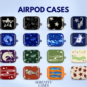 May include: A collection of sixteen rectangular Airpod cases arranged in a grid, each featuring unique graphic prints including stars, cats, rabbits, fish, dragonflies, and hearts in various colours like black, blue, green, red, orange, and cream.