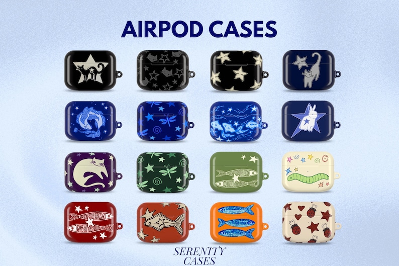 May include: A collection of sixteen rectangular Airpod cases arranged in a grid, each featuring unique graphic prints including stars, cats, rabbits, fish, dragonflies, and hearts in various colours like black, blue, green, red, orange, and cream.