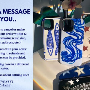 May include: Five smartphone cases with various designs including blue fish, a blue jellyfish, red ladybugs with hearts, blue stars, and a black fish with white stars. The image includes text: SEND A MESSAGE IF YOU.. and SERENITY CASES.