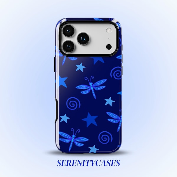 Niebieskie etui na telefon z motywem ważki, gwiazdy i wiry, rok 2000, uroczy, niebiański, kapryśny owad, fajny prezent na iPhone'a Pro Max 17 16 15 14 13, Samsunga Galaxy S26 S25