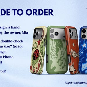 May include: Four phone cases with distinct graphic designs: a cream case with a ladybug, a sage green case with a bird, a rust-colored case with stars and fish, and a blue case with fish and stars. Text includes MADE TO ORDER and Serenity Cases.