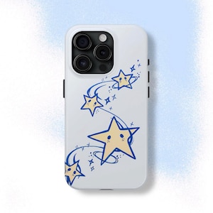 気まぐれな星のかわいい携帯ケース ブルー Y2K 天体 かわいい クール 女の子 ギフト iPhone Pro Max 16 15 14 13 12 11 Samsung Galaxy S24 S23 S22 S21