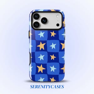 May include: A smartphone case featuring a repeating pattern of dark blue and medium blue squares with light blue and orange stars overlaid on each square. The text SERENITYCASES is printed in blue at the bottom of the image below the phone case.