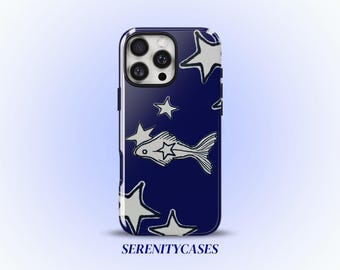 Navy Blue Star Fish Phone Case Cute Y2K Coastal Whimsical Celestial Grunge Cool Gift iPhone Pro Max 17 16 15 14 13 Samsung Galaxy S26 S25