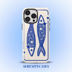 Navy Blue Star Sardine Phone Case Y2K Celestial Sea Life Whimsical Cute Cool Girl iPhone Pro Max 17 16 15 14 13 12 11 Samsung Galaxy S26 S25 image 1