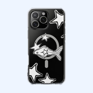 May include: A clear smartphone case featuring a black background with white hand-drawn style star illustrations and a central white fish graphic. The case includes a circular magnetic charging ring design on the back surface.