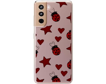 Funda para teléfono con estampado de mariquitas rojas transparentes, estrellas, corazones y amarillos, estilo Y2K, diseño de insectos adorable y original, para iPhone Pro Max 17 16 15 14 13 y Samsung Galaxy S21.