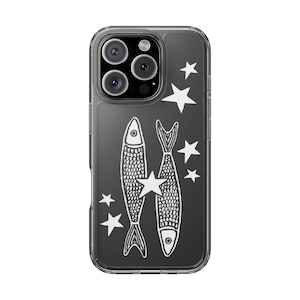 May include: Clear phone case with a black background featuring a white illustration of two fish and several white stars. The case has a clear border and a camera cutout.