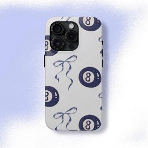 ネイビーブルー 8 ボールとリボン 携帯ケース コケット ラッキー ミニマリスト クールガール iPhone Pro Max 16 15 14 13 12 11、Samsung Galaxy S24 S23 S22 S21