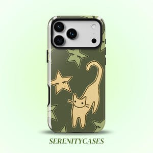 May include: A smartphone case featuring a dark olive green background with a repeating pattern of light beige cats and stars with closed eyes. The text SERENITYCASES is printed in dark green at the bottom of the case design.