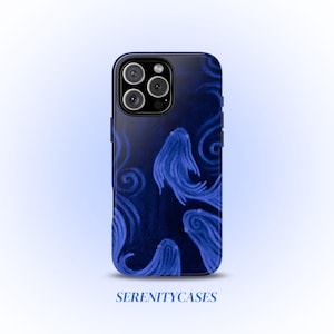 May include: A dark blue phone case featuring a watercolor design of ethereal, flowing blue shapes against a darker blue background. The case has a glossy finish and the text "SERENITYCASES" is printed at the bottom.