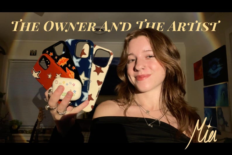 May include: A collection of three smartphone cases featuring star patterns in red, navy blue, and cream, alongside a white wireless earbud charging case with colourful star and heart graphics. The text THE OWNER AND THE ARTIST appears above.