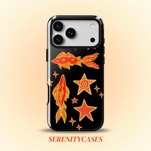 気まぐれな金魚と星柄のスマホケース、キュートな沿岸グランジY2K、クールなギフト iPhone Pro Max 17 16 15 14 13 12 Samsung Galaxy S26 S25
