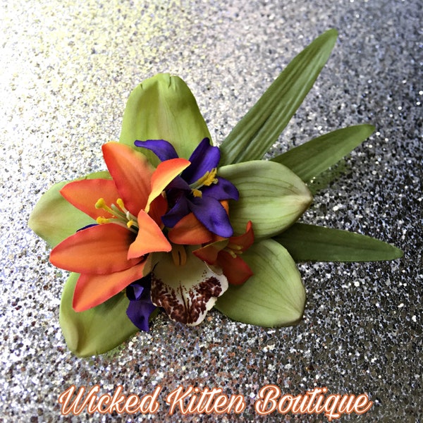 Rockabilly Flower, Orchid Hair Clip, Hair Flower, Tropical Hair Flower, Hawaiian Hair Clip, Tiki Hair Flower, Flower Hair Clip, Pinup Flower