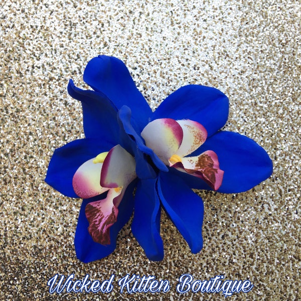 Orchid Hair Clip, Hawaiian Hair Clip, Tropical Hair Flower, Bridal Hair Clip, Pinup Hair Flower, Tropical Hair Clip, Tiki Hair Flower, Blue