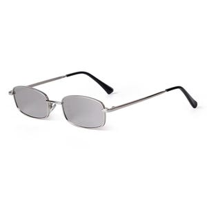 May include: Silver-framed sunglasses with rectangular lenses and black temples. The sunglasses have a sleek, minimalist design, suitable for various styles. The lenses appear to be a reflective, mirrored color.