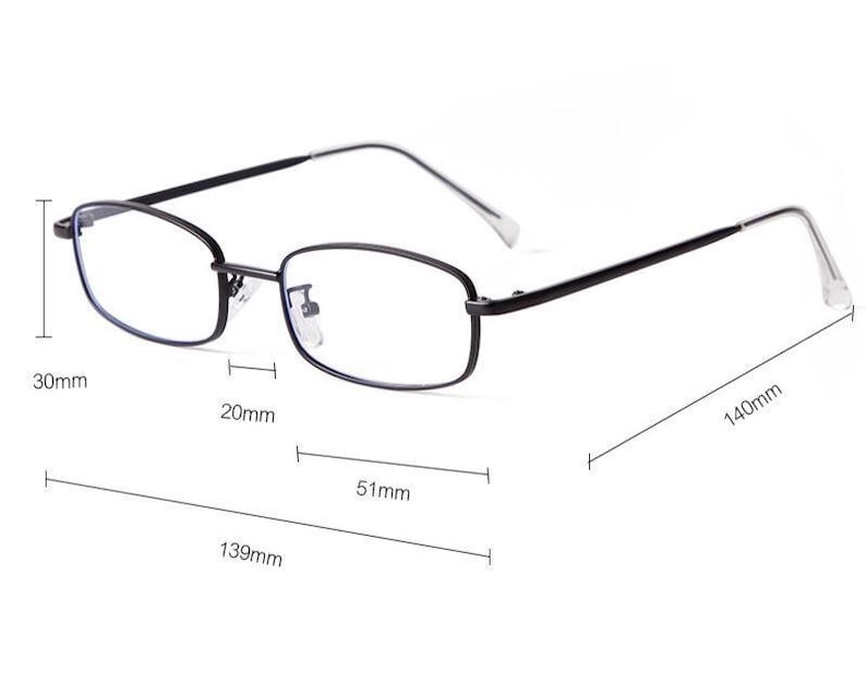 May include: Black rectangular eyeglasses with clear lenses. The frame is 139mm long, 30mm high, and 20mm wide. The lens width is 51mm, and the temple length is 140mm. The glasses have a minimalist design.